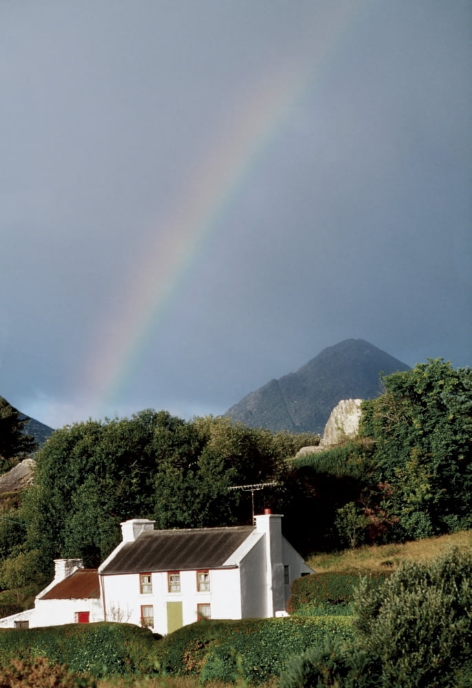 Posterazzi Sugarloaf Mountain Glengarriff Co Cork Ireland House With A Rainbow And Mountain In The Distance Canvas Art - The Irish Image Collection Design Pics (24 x 36)