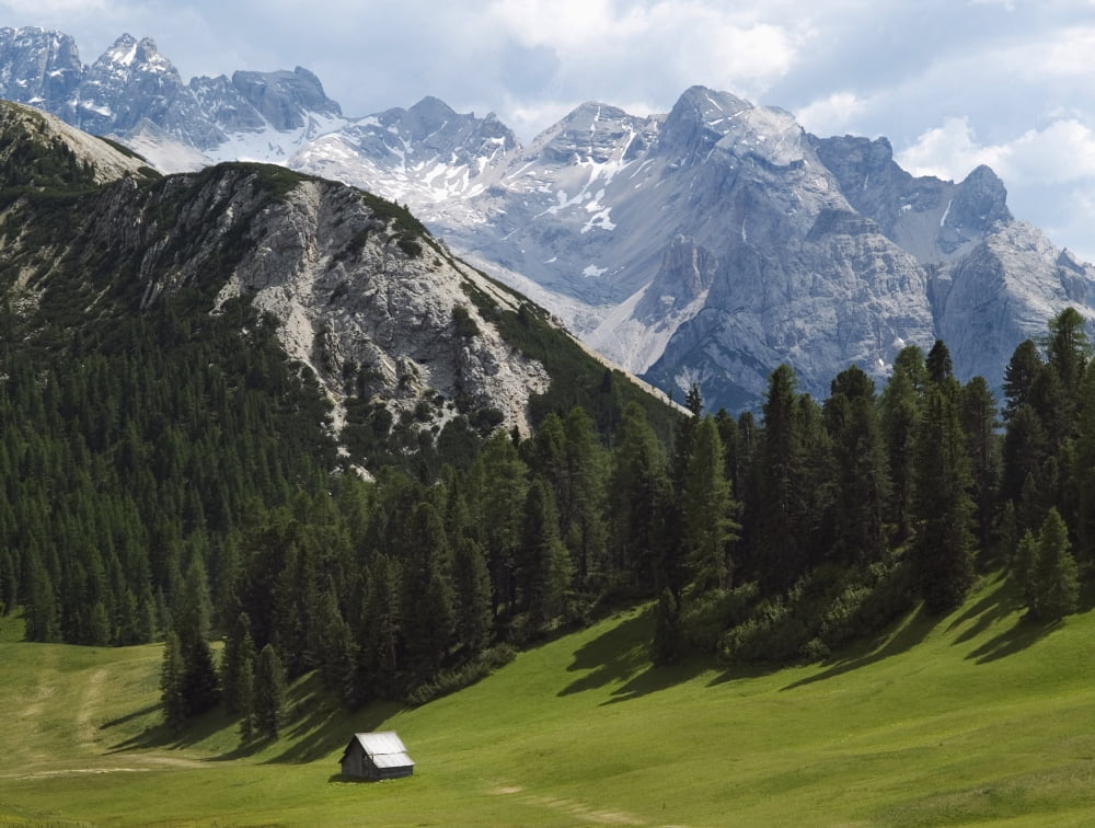 Posterazzi Summer Alpine Meadows And Hut Canvas Art - Penny Kendall Design Pics (32 x 24)