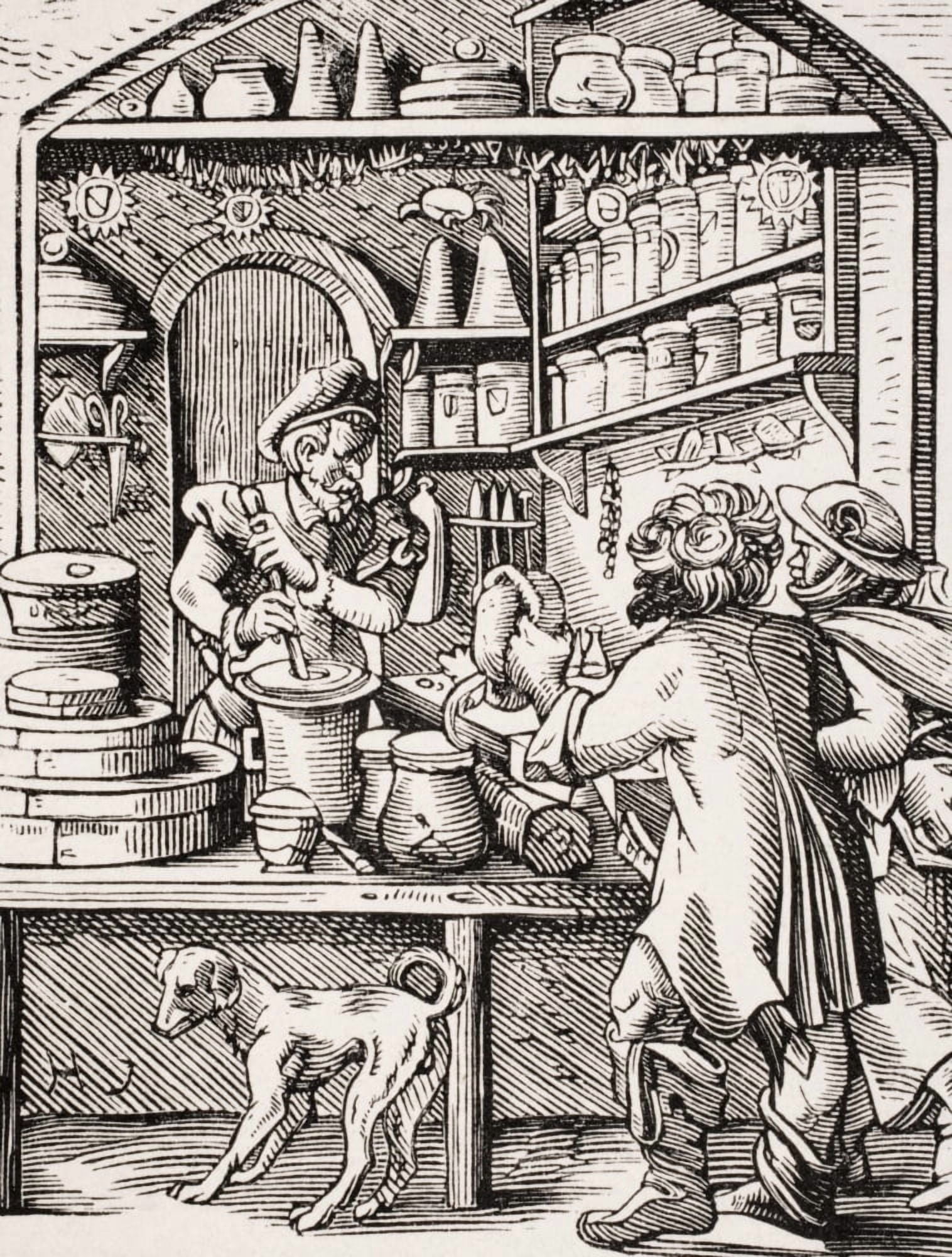 Posterazzi The Druggist 19Th Century Reproduction Of 16Th Century Woodcut By Jost Amman Canvas Art - Ken Welsh Design Pics (24 x 32)