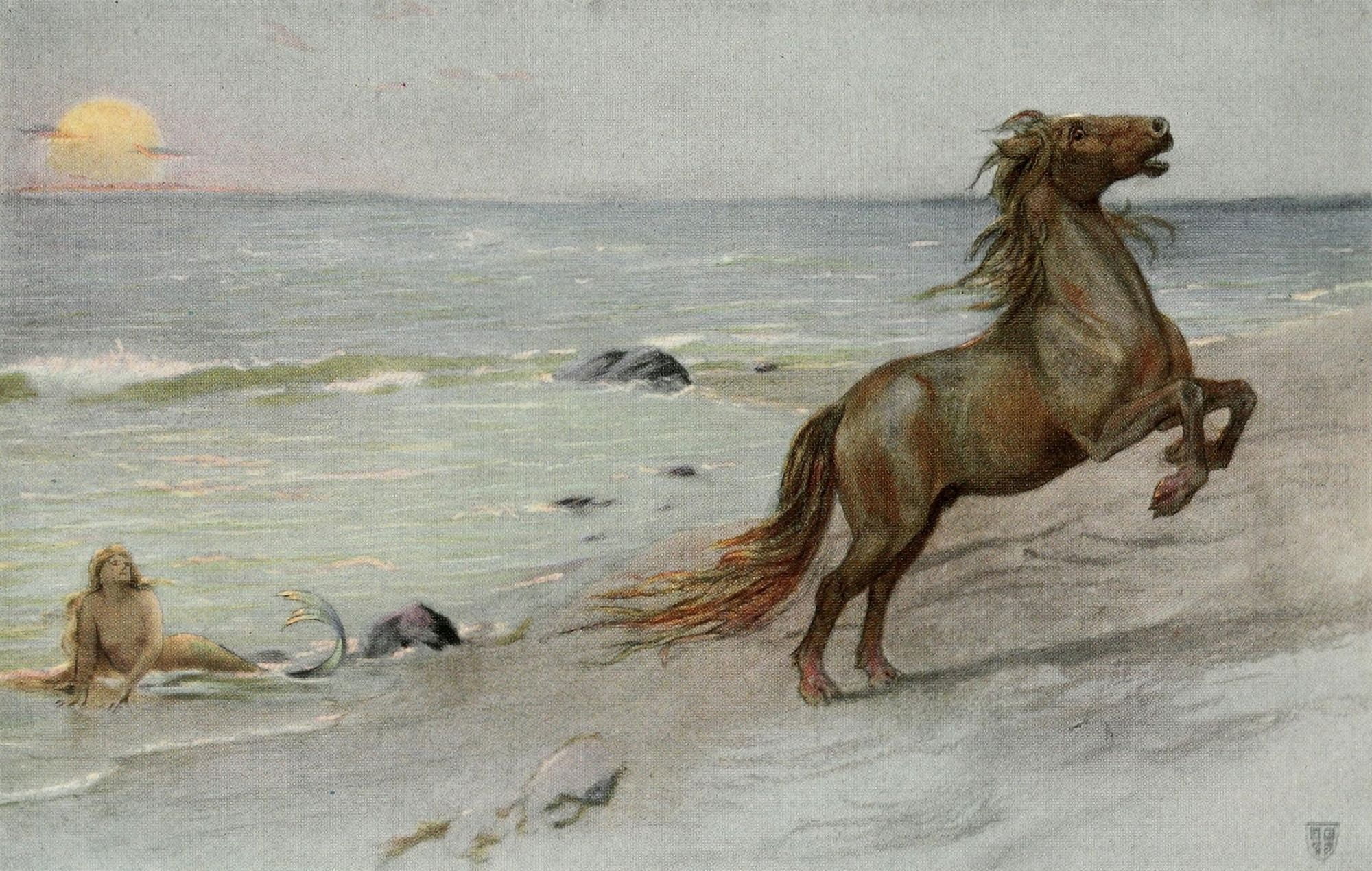 Posterazzi The Great Sea Horse 1909 Galloping on beach Canvas Art - John Elliott (24 x 36)