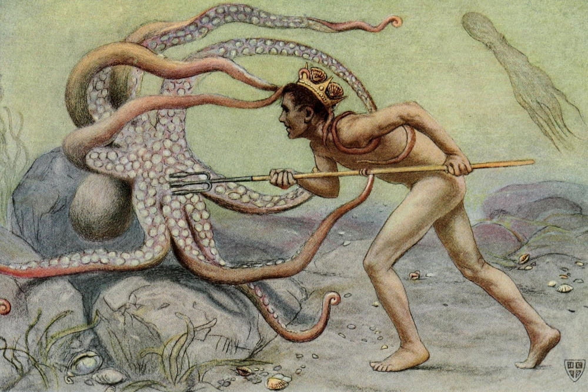 Posterazzi The Great Sea Horse 1909 Young Neptune battling octopus Canvas Art - John Elliott (24 x 36)