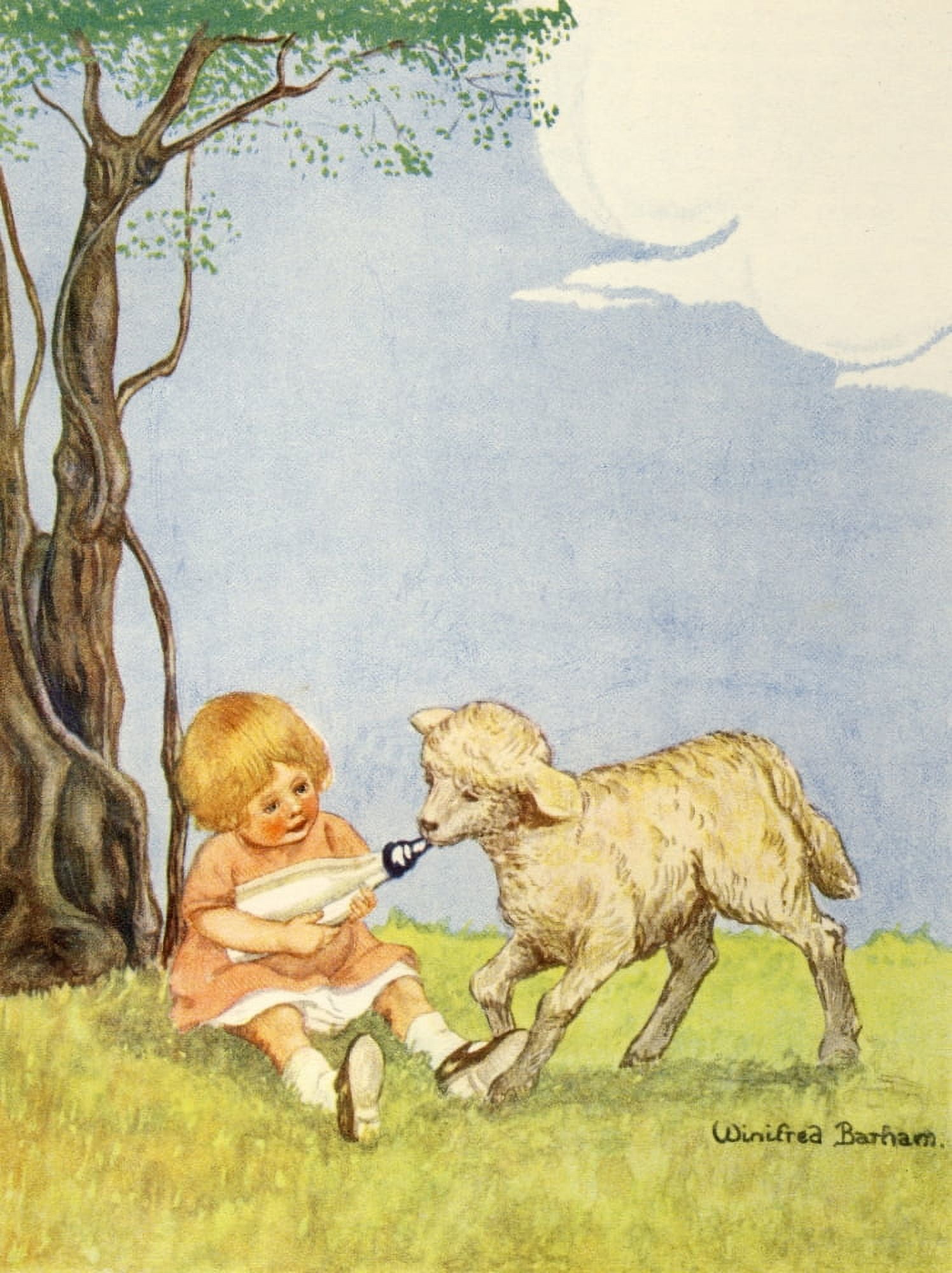 Posterazzi The Prize for Girls and Boys 1920s Bottle-feeding the lamb Canvas Art - Winifred Barham (24 x 36)