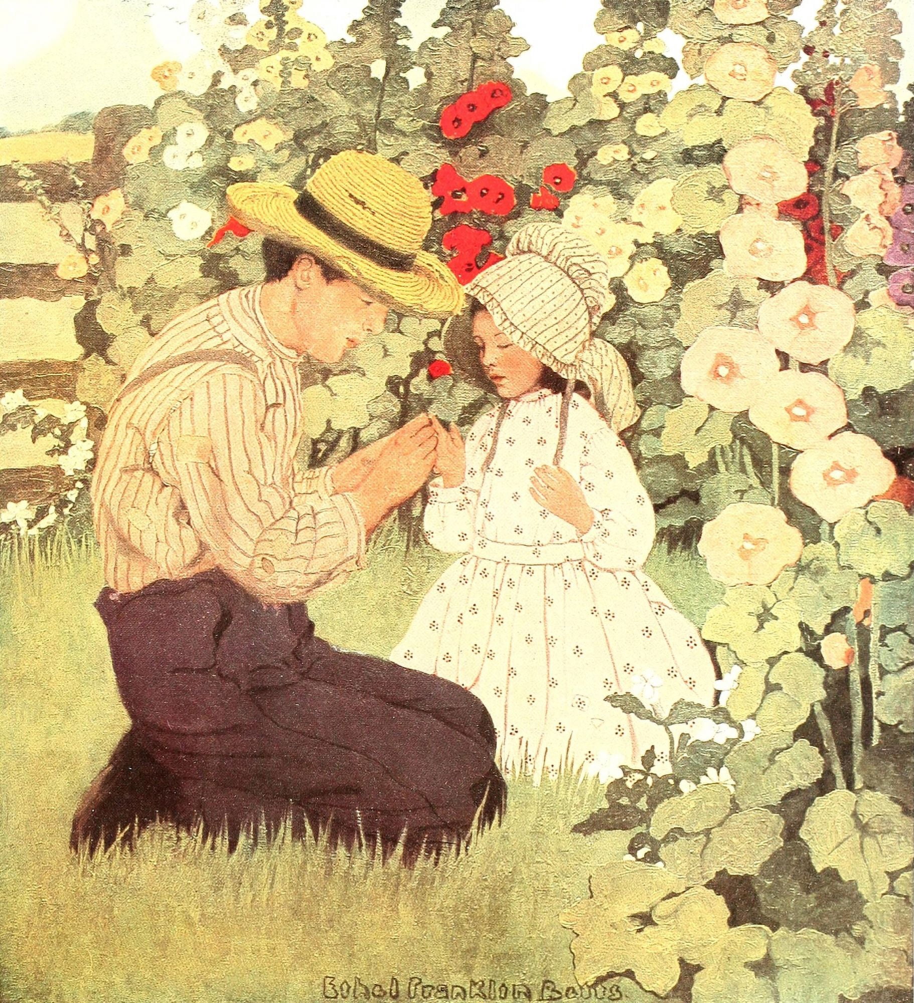 Posterazzi The Raggedy Man 1907 Amongst the hollyhocks Canvas Art - Ethel Franklin Betts (24 x 36)