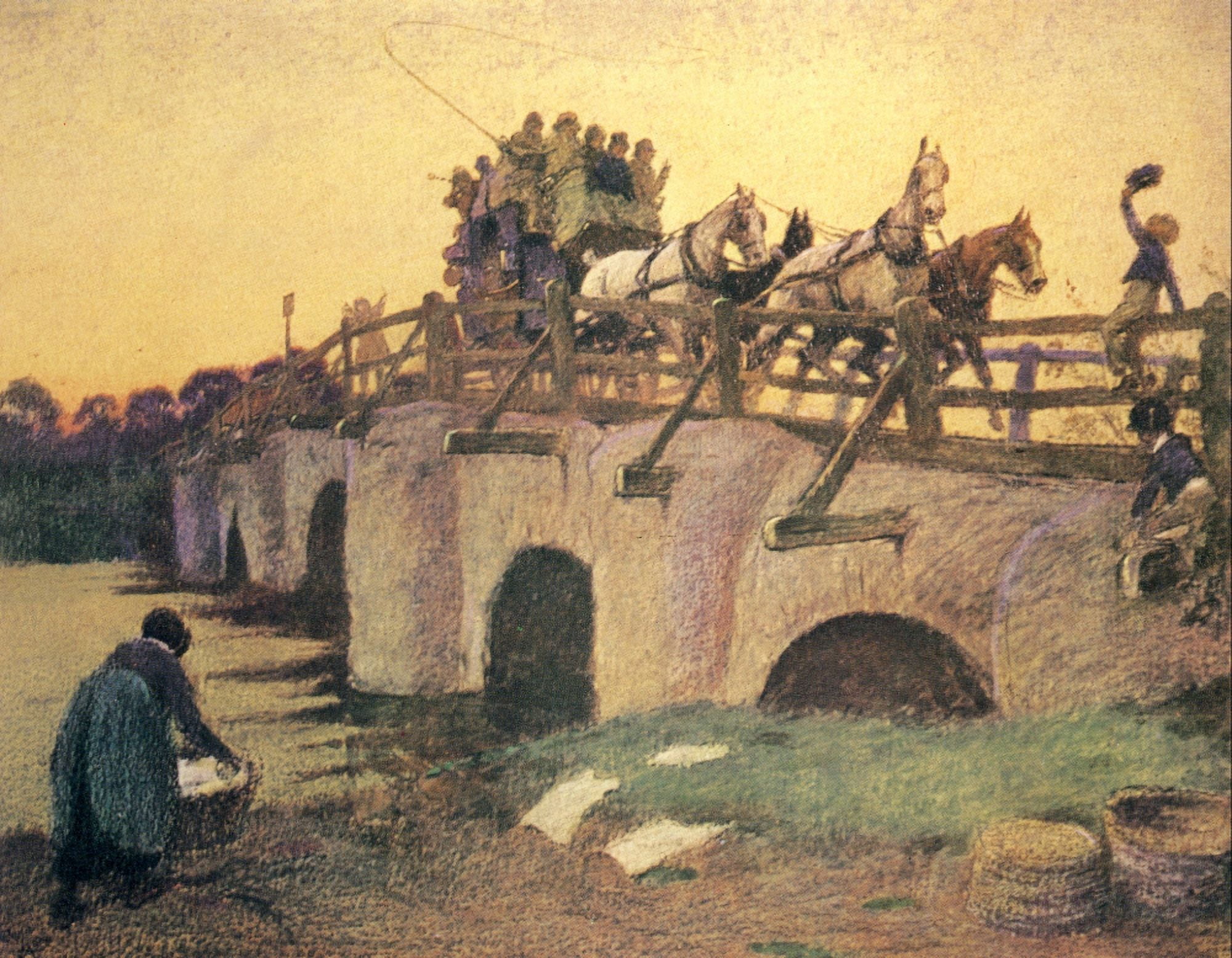 Posterazzi The Romance of the Road 1933 Crossing the bridge Canvas Art - Cecil Aldin (24 x 36)