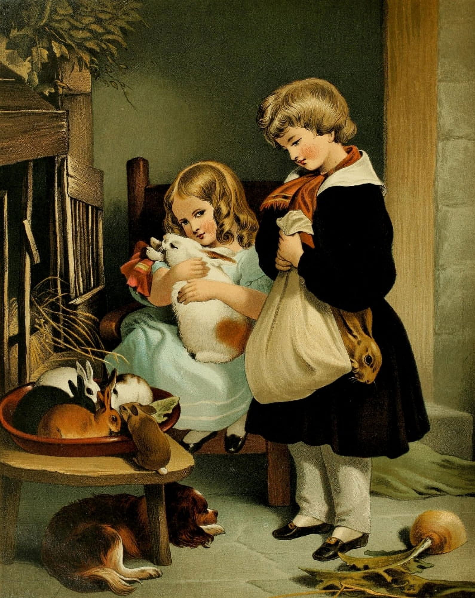 Posterazzi The Shepherds Dog 1870 Children with rabbits & Dog Canvas Art - Edwin Landseer (24 x 36)