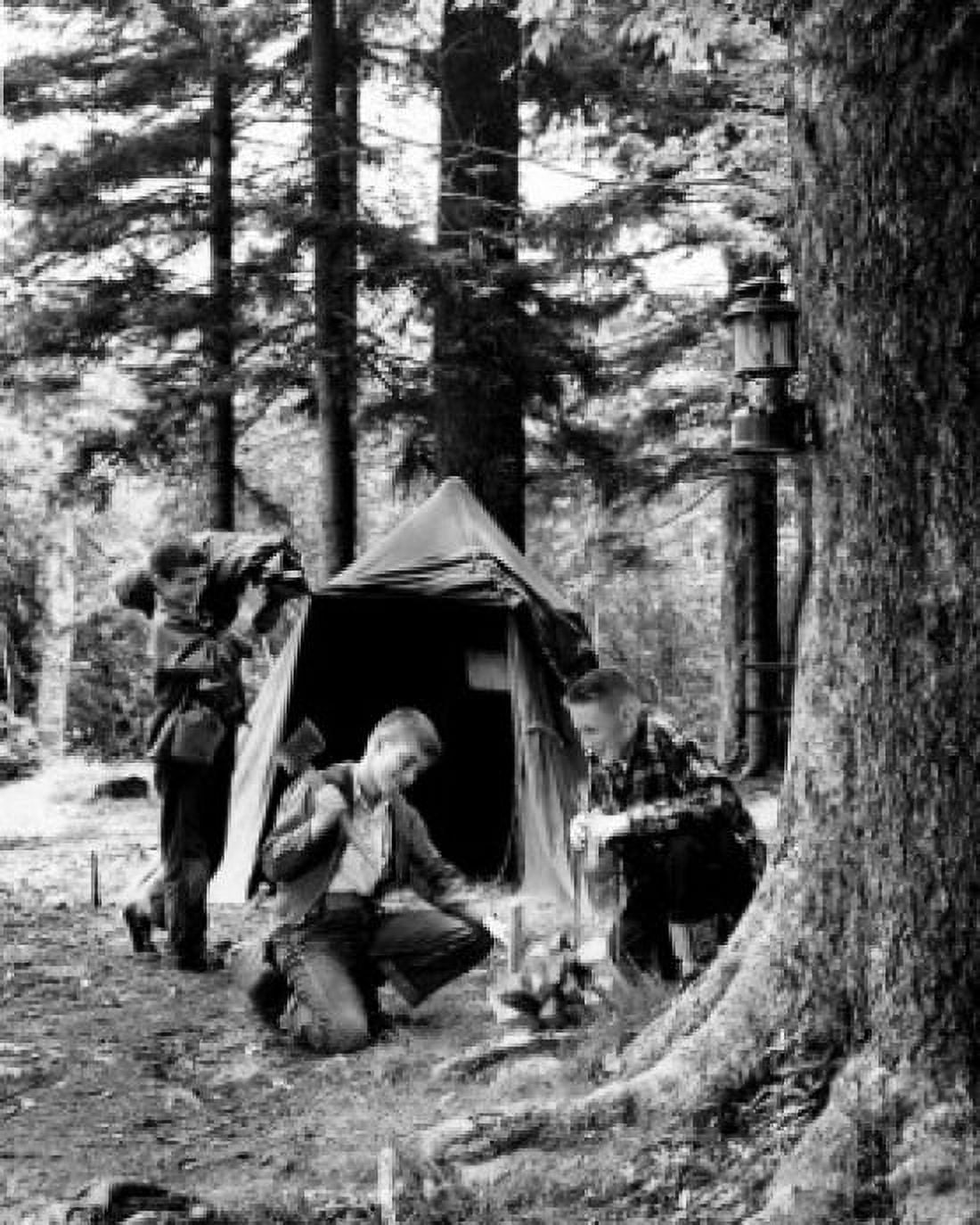Posterazzi Three boys camping in forest Canvas Art - (24 x 36)