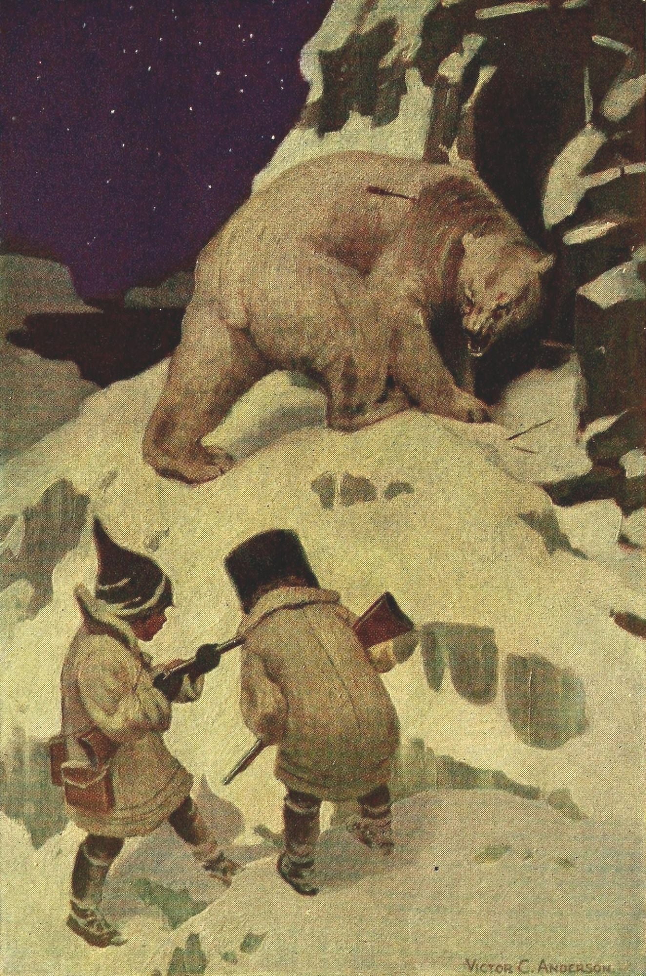 Posterazzi Tommy Trots Visit to Santa Claus Polar bear in snow Canvas Art - Victor C Anderson (24 x 36)