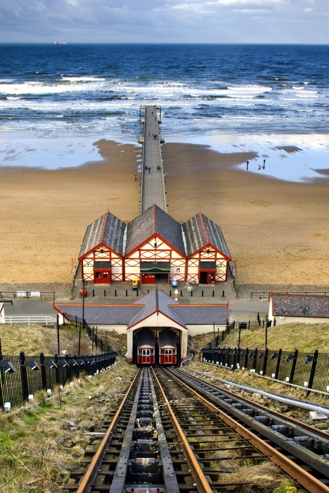 Posterazzi Tram Tracks Leading To Beach Saltburn North Yorkshire England Canvas Art - John Short Design Pics (22 x 34)