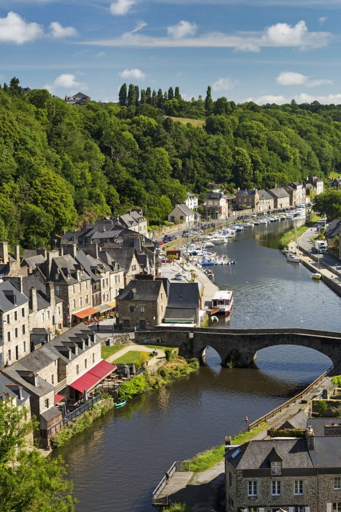 Posterazzi Treed valley riverside town stone bridge and boats in the harbour with blue sky and clouds Dinan Brittany France Canvas Art - Michael Interisano Design Pics (24 x 38)