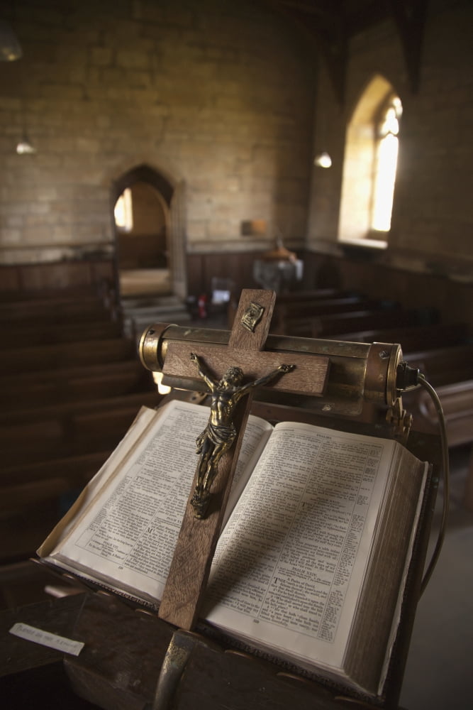 Posterazzi UK Scotland Scottish Borders Yetholm Open bible on stand with a crucifix Canvas Art - John Short  Design Pics (24 x 38)