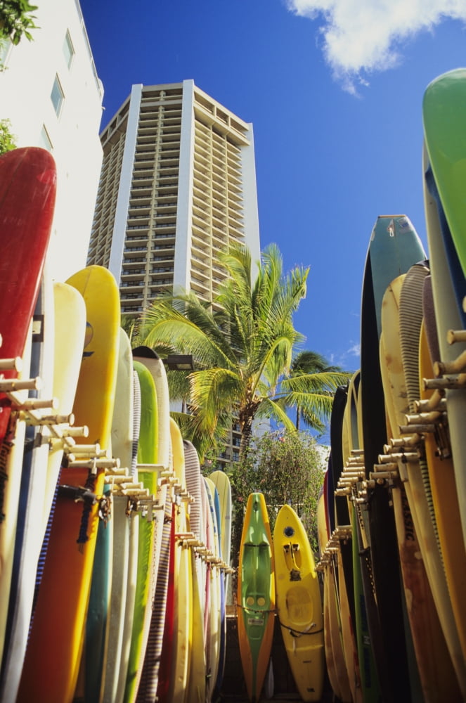 Posterazzi USA Hawaii Oahu Surfboards lined up at Waikiki Beach Honolulu Canvas Art - Peter French  Design Pics (22 x 34)