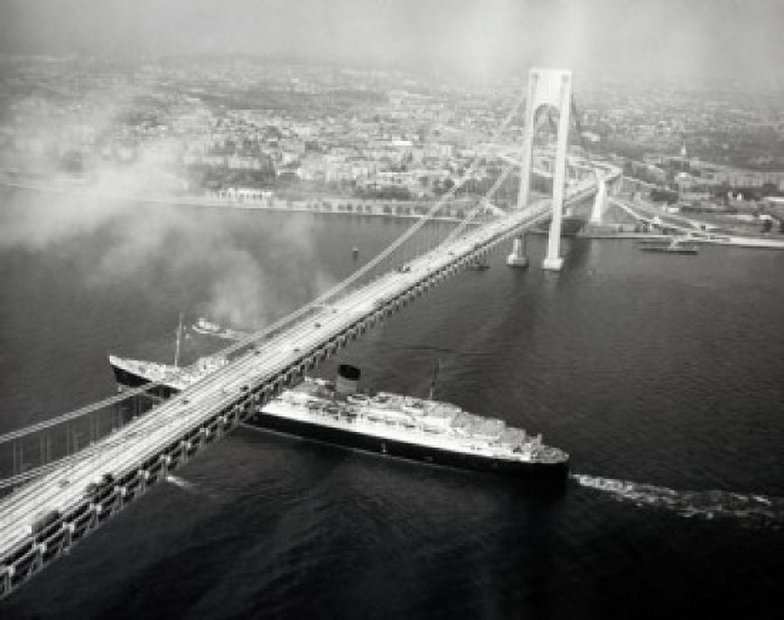 Posterazzi USA New York State New York City High angle view of cruise ship passing under Verrazano-Narrows Bridge Canvas Art - (24 x 36)