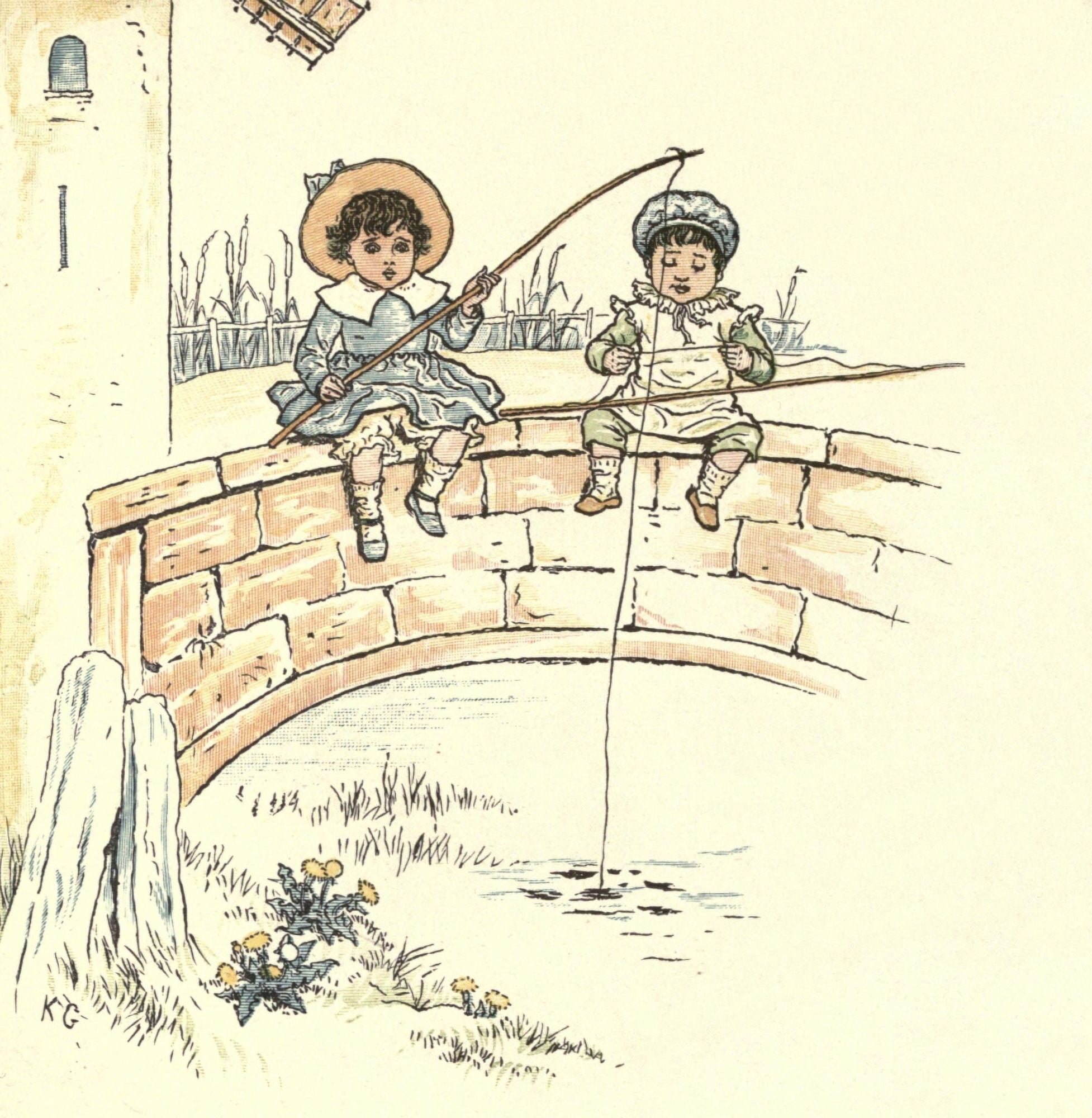 Posterazzi Under the Window 1879 Fishing Canvas Art - Kate Greenaway (24 x 36)