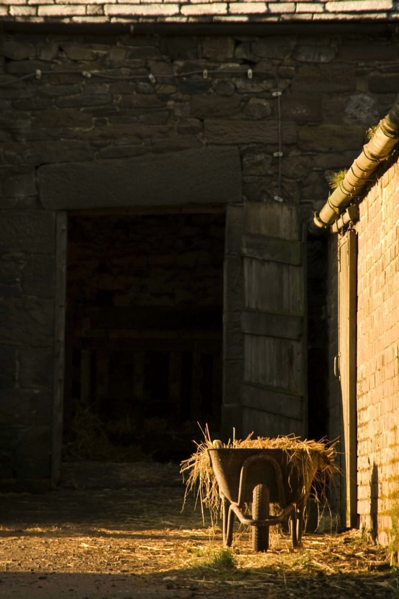 Posterazzi Wheelbarrow Beside A Barn Canvas Art - John Short Design Pics (22 x 34)