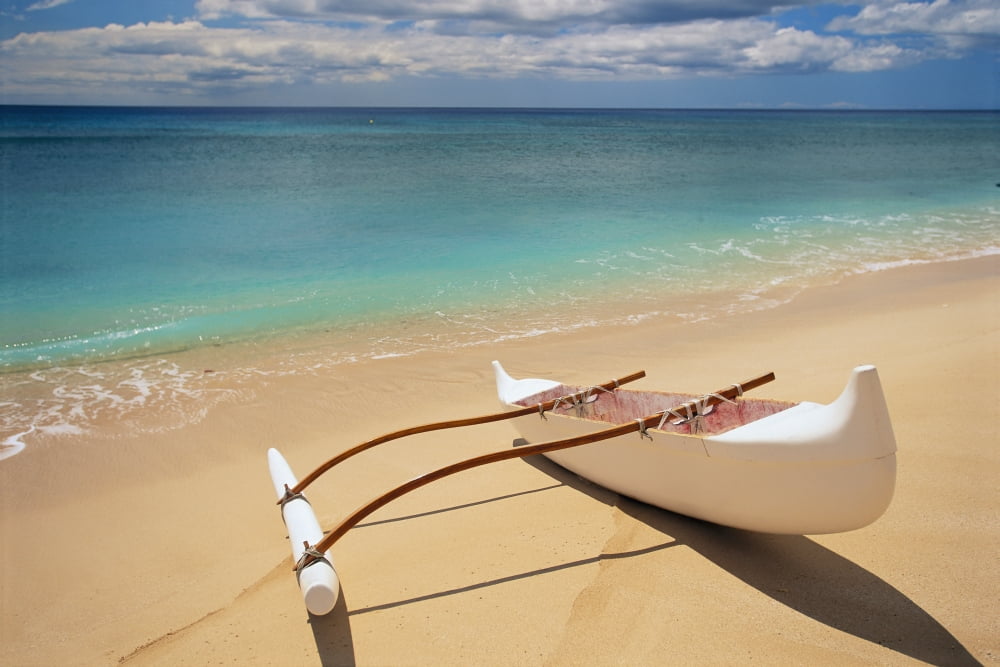 Posterazzi White Outrigger Canoe On Shoreline With Shadow Calm Turquoise Water Canvas Art - Dana Edmunds Design Pics (34 x 22)