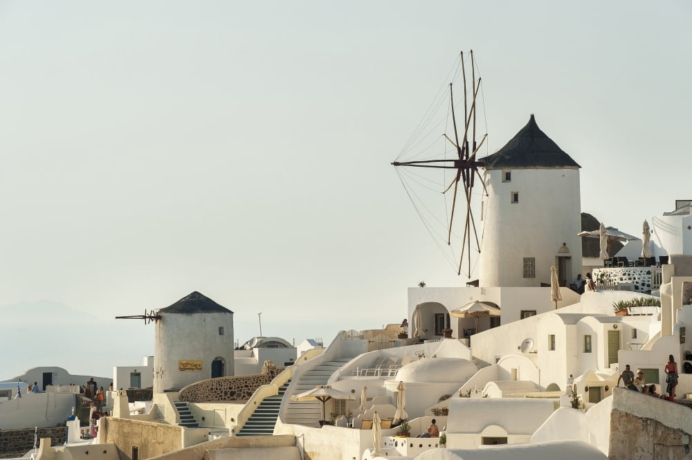 Posterazzi Whitewash buildings and windmill Oia Santorini Greece Canvas Art - Dosfotos Design Pics (38 x 24)