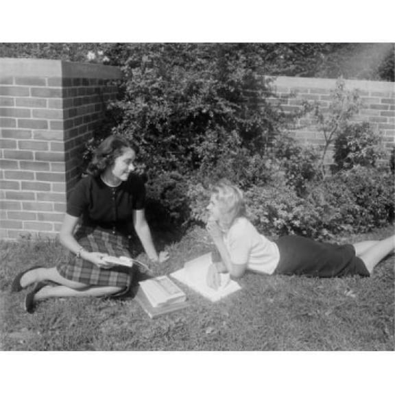 Posterazzi  Young Women Reading Books in Back Yard Poster Print - 18 x 24 in.