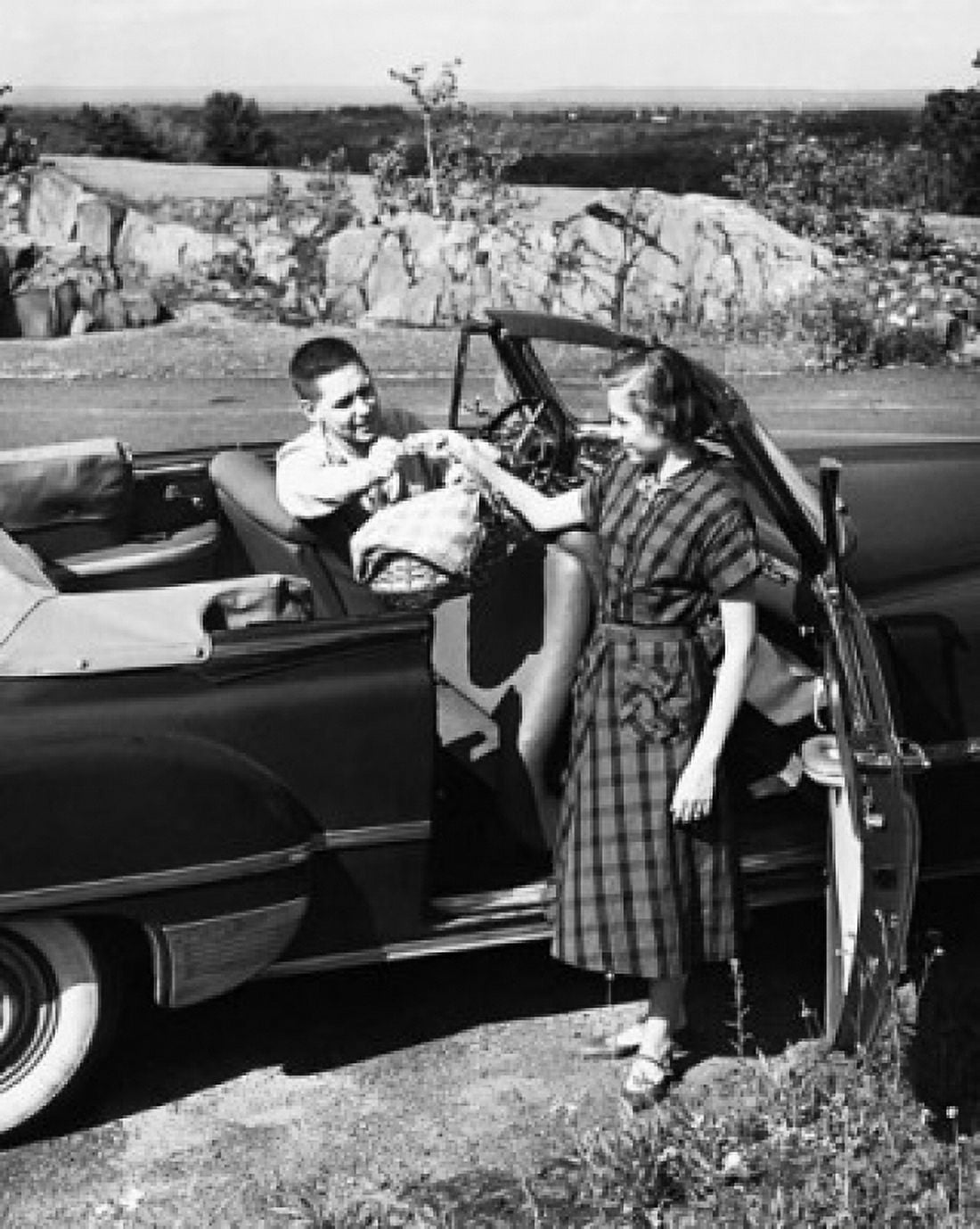 Posterazzi Young man sitting in a car giving a basket to a young woman Canvas Art -  (24 x 36)