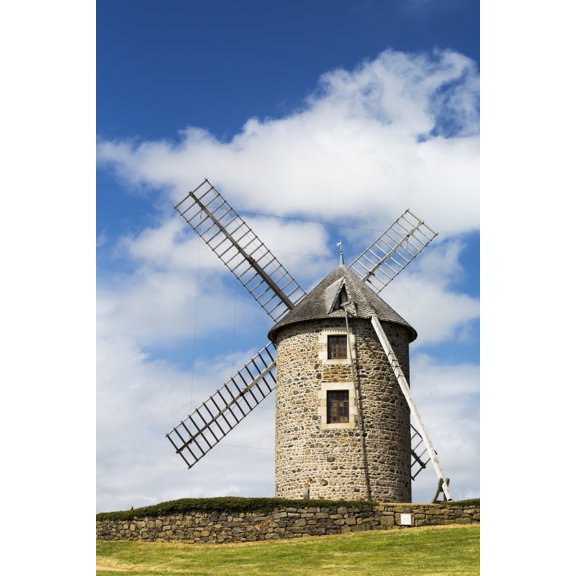 Posterazzi An old stone windmill on a hillside with wooden blades surrounded by a stone fence with blue sky and clouds Brehec Brittany France Canvas Art - Michael Interisano Design Pics (24 x 38)