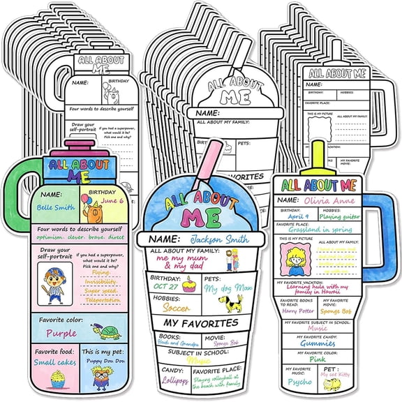 All About Me Posters - 36Pcs Water Cup Theme All About Me Star Students Posters Coloring Self-Introduction Poster for Kids Kindergarten Elementary Classroom Decor School Classroom Decor Party Supplie
