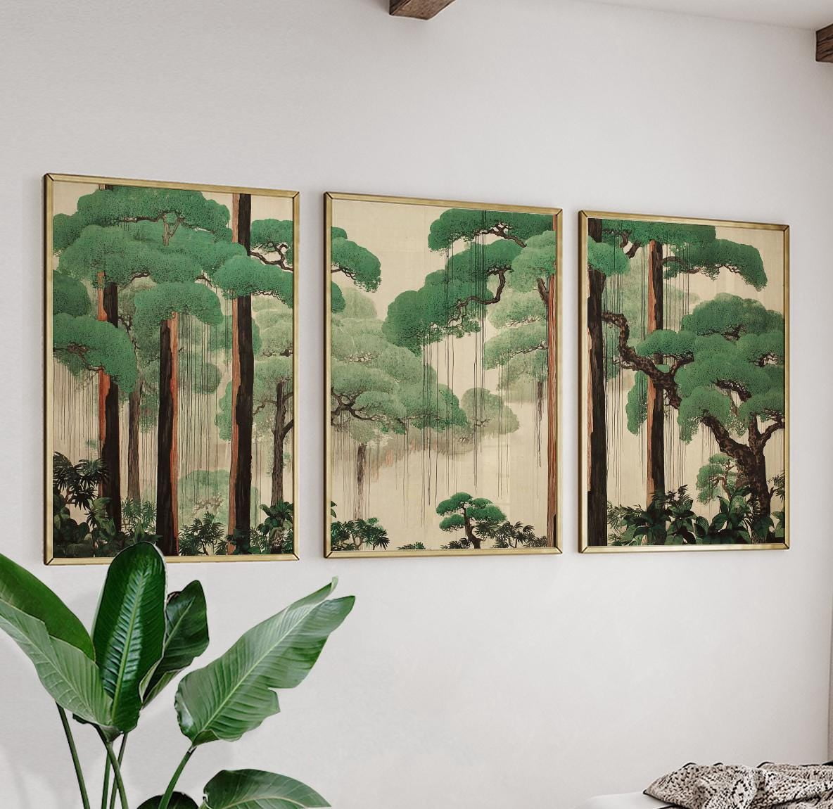 Posters Green Forest Wall Art Japanese Style Tree Landscape Home Decor ...