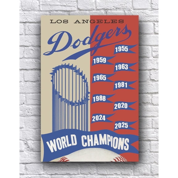 Posters commemorating the Los Angeles Dodgers' World Series championships in 2025, 2024, 2020, 1988, 1981, 1963, 1959, and 1955. 8x12 UNFRAMED