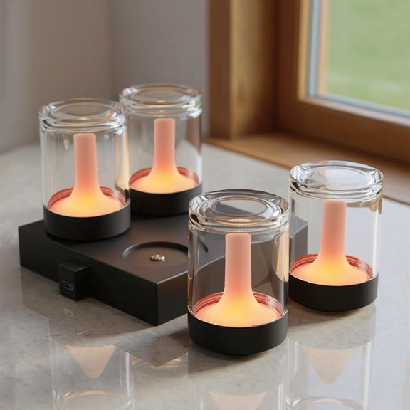 Postluck 4-Pcs LED Bedside Night Lights, 3" Mini Crystal Clear Candlelight Flickering Ambient Decoration Lamps with Magnetic Charging Dock