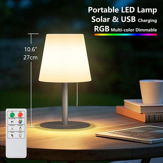 Postlucky 10" Solar Cordless Table Lamps Rechargeable, Portable Outdoor Battery Bedside Table Lamp for Bedroom Living Room, Gray Metal Bracket