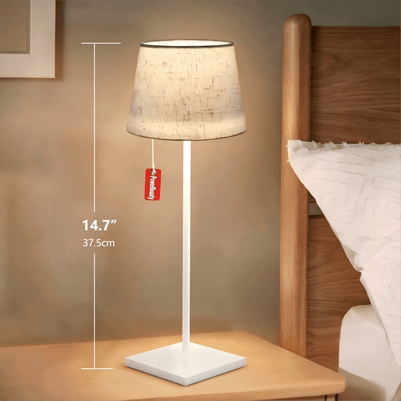 Postlucky 15" Portable LED Table Lamp Rechargeable, Pull Chain Cordless Outdoor Desk Light, Wihte Metal Bracket & Linen Lampshade