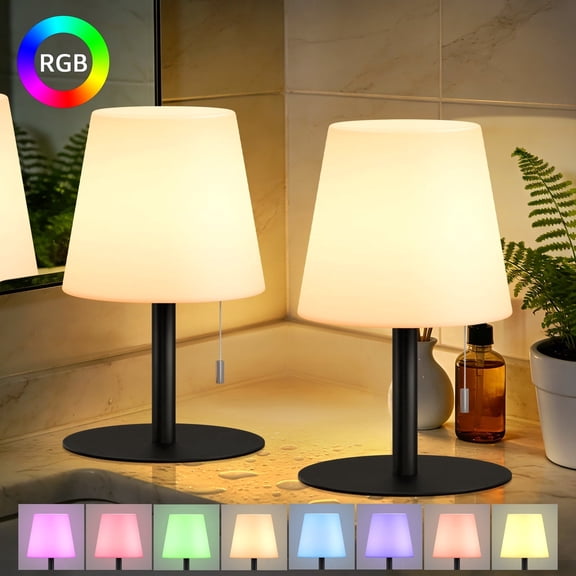 Postlucky Indoor and Outdoor Rechargeable Cordless Table Lamp, Waterproof Shower Lamp for Bathroom/Nightstand/Patio, 200 Lumens/RGB, Black (2P-Pack)