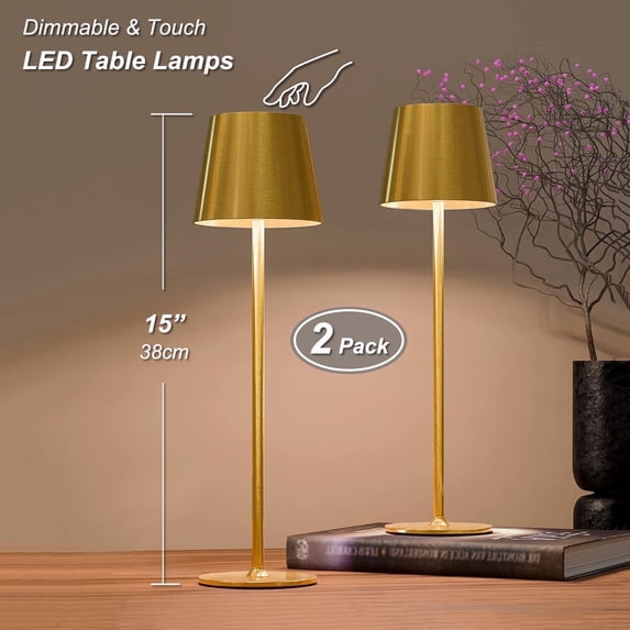 Postlucky 2 Pack 15" Cordless Rechargeable Table Lamp, 3 Colors Dimmable Touch Lamp for Restaurant/Bedroom/Home, Brushed Gold