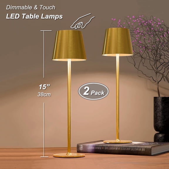 Postlucky 2 Pack 15" Cordless Rechargeable Table Lamp, 3 Colors Dimmable Touch Lamp for Restaurant/Bedroom/Home, Brushed Gold