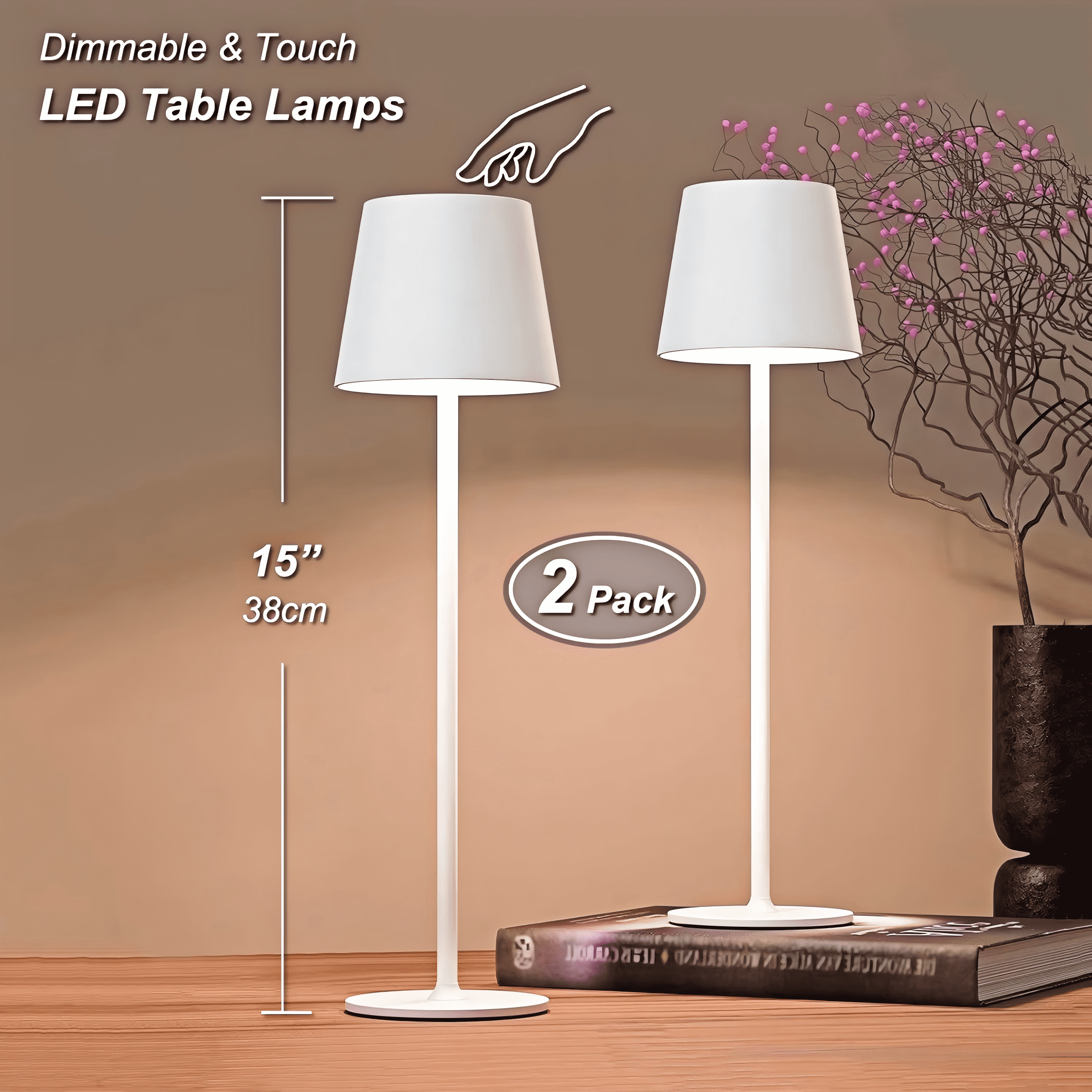 Postlucky 2 Pack 15" Cordless Rechargeable Table Lamp, 3 Colors Dimmable Touch Lamp for Restaurant/Bedroom/Home, Matte White