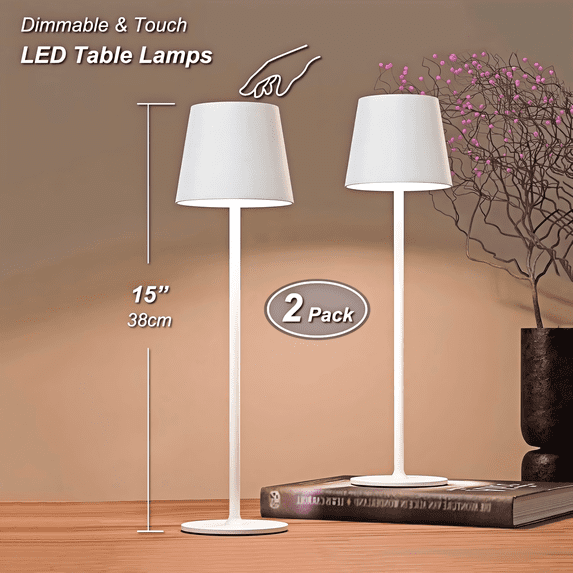 Postlucky 2 Pack 15" Cordless Rechargeable Table Lamp, 3 Colors Dimmable Touch Lamp for Restaurant/Bedroom/Home, Matte White