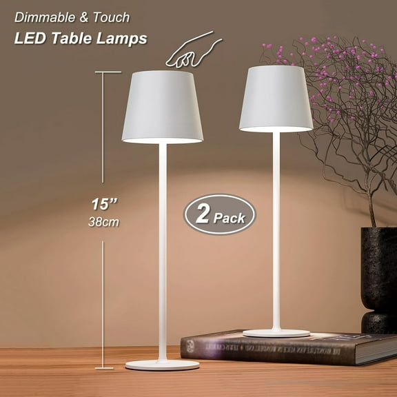 Postlucky 2-Pack 15" Cordless Portable LED Table Lamps Rechargeable, 3 Colors Dimmable Bedside Lights for Bedroom Living Room, White Metal Bracket