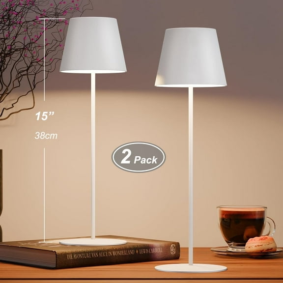 Postlucky 2-Pack 15" Cordless Table Lamps Rechargeable, Portable Outdoor Battery Bedside Table Lamp for Bedroom Living Room, White Metal Bracket