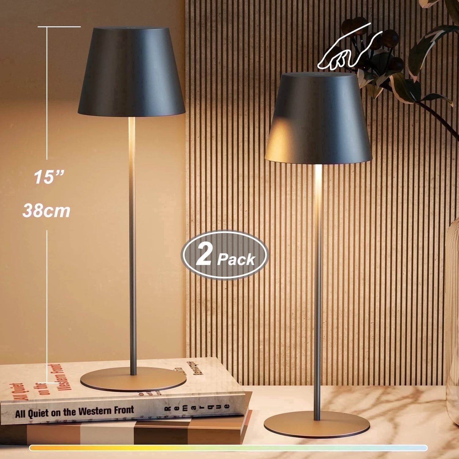 Postlucky 2‑Pack Cordless Rechargeable Table Lamp, Touch Adjustable Color Temperature LED Lamp, IP44 for Bedroom Patio Indoor OutdoorMetal , Matte Black