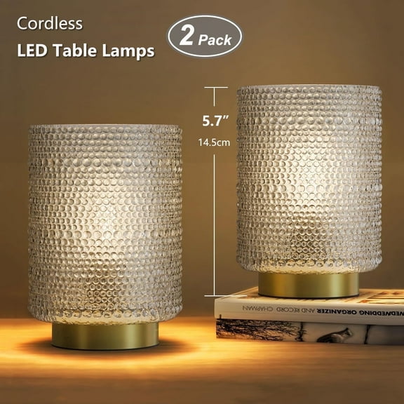 Postlucky 2-Pack 6" LED Desk Lamps Cordless, Powered By 3 AAA Batteries, Transparent Glass Table Lights for Bedroom Living Room
