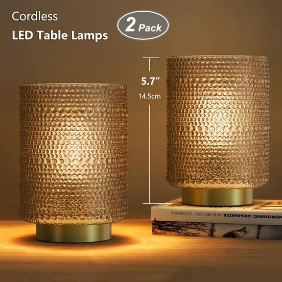 Postlucky 2-Pack 6" LED Desk Lamps Cordless, Powered By 3 AAA Batteries, Brown Glass Table Lights for Bedroom Living Room