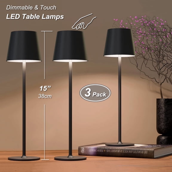 Postlucky 3-Pack 15" Cordless Portable LED Table Lamps Rechargeable, 3 Colors Dimmable Bedside Lights for Bedroom Living Room, Black Metal Bracket