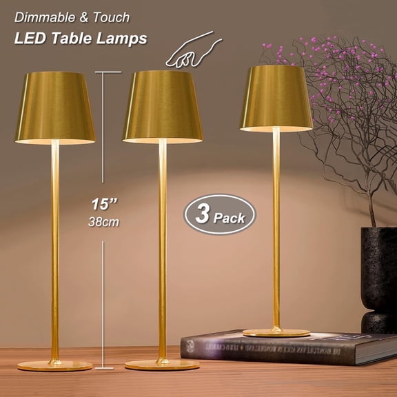 Postlucky 3 Pack 15" Cordless Rechargeable Table Lamp, 3 Colors Dimmable Touch Lamp for Restaurant/Bedroom/Home, Brushed Gold