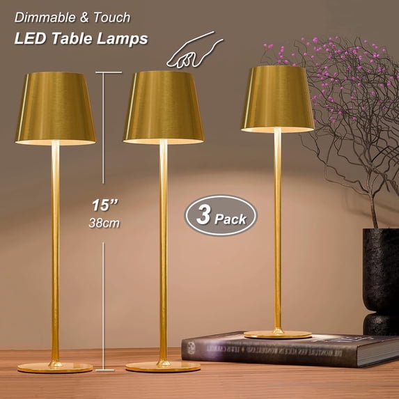 Postlucky 3-Pack 15" Cordless Portable LED Table Lamps Rechargeable, 3 Colors Dimmable Bedside Lights for Bedroom Living Room, Golden Metal Bracket