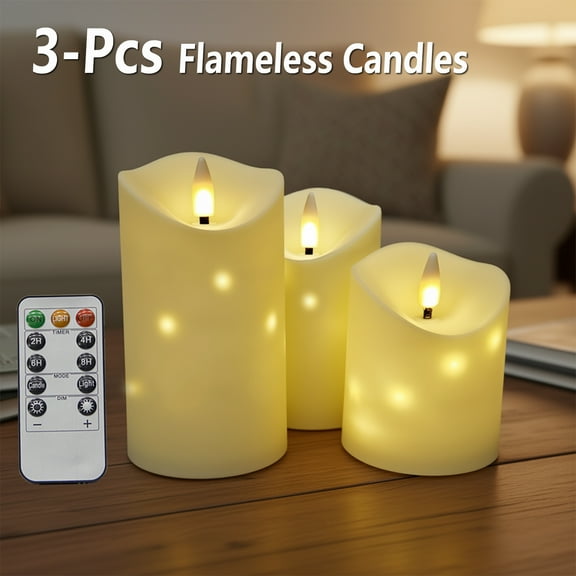 Postlucky 3-Pcs Flameless Candle Lights, 4" 5" 6" Electronic Candle Lamps Powered by 2 AA Battery, Flickering & Timer Function, Suitable for Romantic Weddings Dinners Anniversaries Festivals Decor