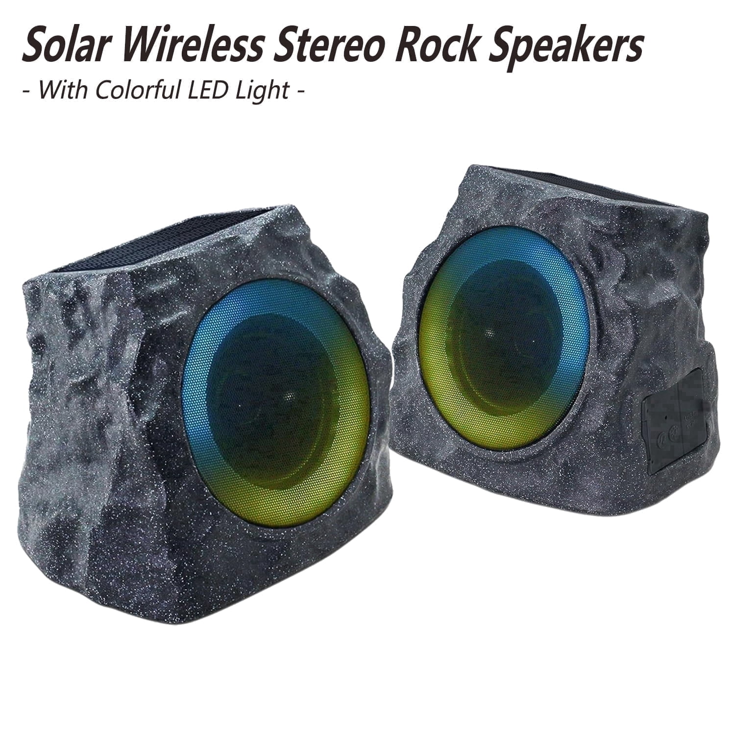 Postlucky 2-Pack Outdoor Solar Rock Speakers, Bluetooth, TWS Pairing, RGB LED Flashing, USB Charging, Waterproof, 8.1" Black