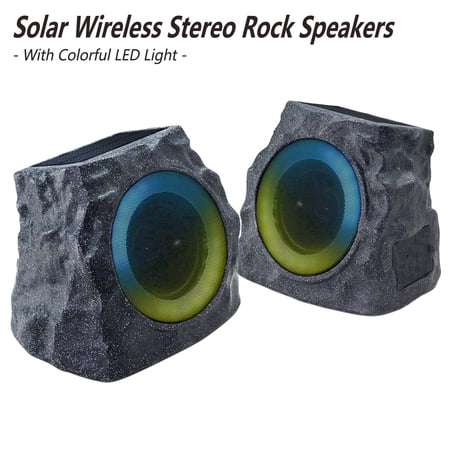 Postlucky 2-Pack Outdoor Solar Rock Speakers, Bluetooth, TWS Pairing, RGB LED Flashing, USB Charging, Waterproof, 8.1" Black
