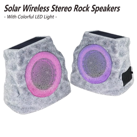Postlucky 2-Pack Outdoor Solar Rock Speakers, Bluetooth, TWS Pairing, RGB LED Flashing, USB Charging, Waterproof, 8.1" Gray