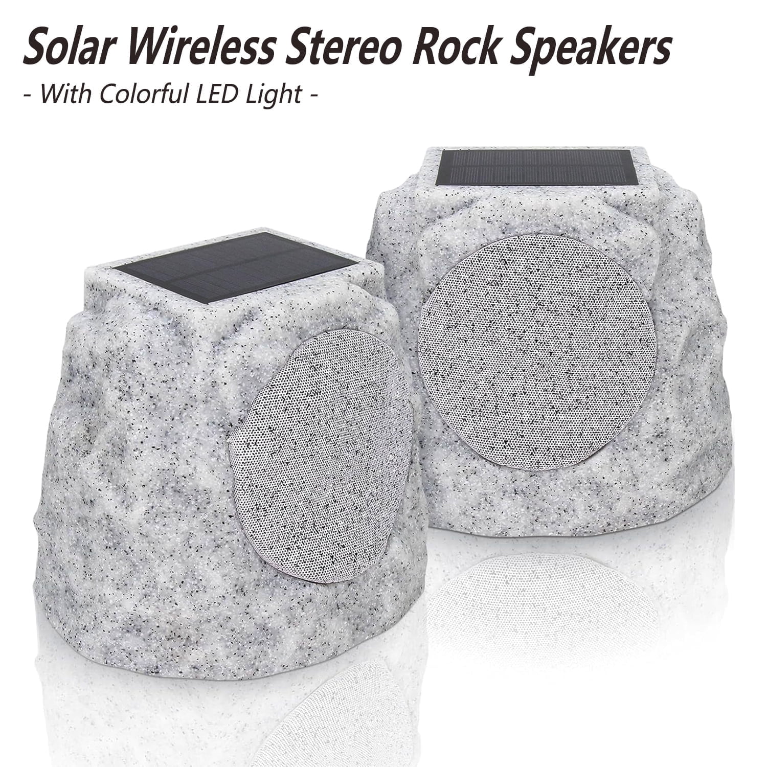 Postlucky 2 Pack Outdoor Solar Rock Speakers, Bluetooth, TWS Pairing, RGB LED Flashing, USB Charging, Waterproof, 7.3" Gray