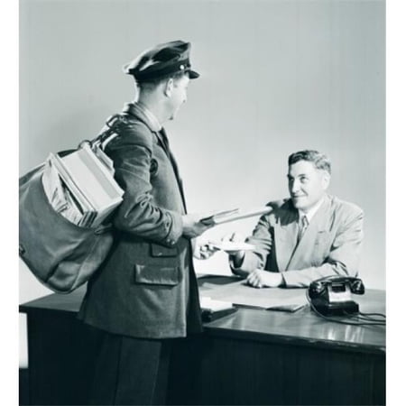 Postman Bringing Mail to a Man Sitting Behind Desk Poster Print - 18 x 24 in.