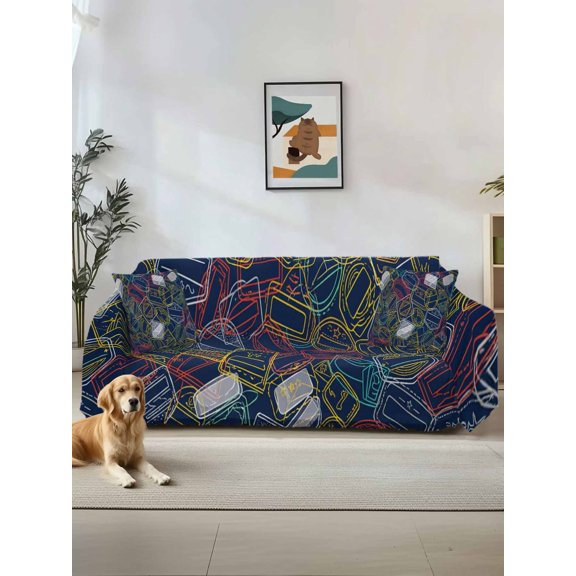 Postmarks Couch Cover for Dogs, Navy Blue Retro Hand-Painted Abstract Art Washable Sofa Covers Slipcover for Pets Dogs Futon Cover, Couch Recliner Covers, Oversized Chair Slipcover 71"x91"