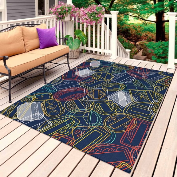 Postmarks Outdoor Rug 3x5 Ft, Non Slip Washable Area Rug, Navy Blue Retro Hand-Painted Abstract Art Patio Rugs Carpet Runner, Large Floor Mat for Indoor/Outdoor Deck Porch Camping